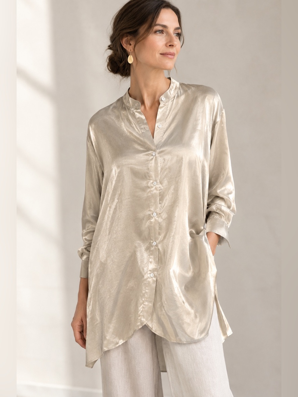 Eileen Fisher Band Collar Champagne Silk Blouse Minimalist Lagenlook Quiet Luxur